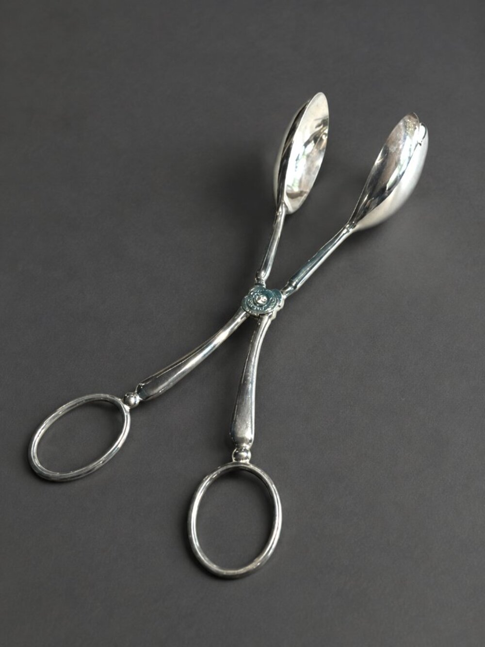 Vintage Silver-Tone Scissor Serving Tongs Spoon Ends Ornate Pivot 10.5: